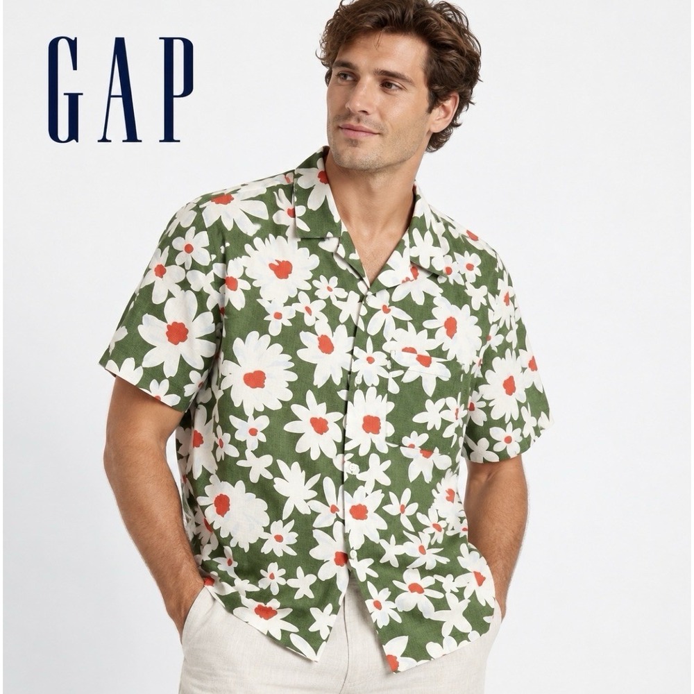 GAP Mens XXL Linen Cotton Floral Shirt Green Hawaiian Resort Button Up Tropical